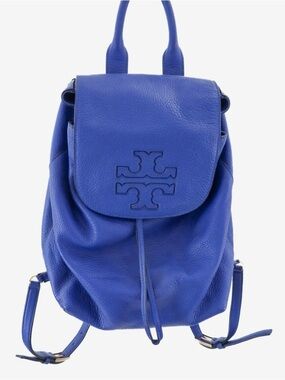 Tory Burch Cobalt Blue Pebbled Leather Drawstring Backpack